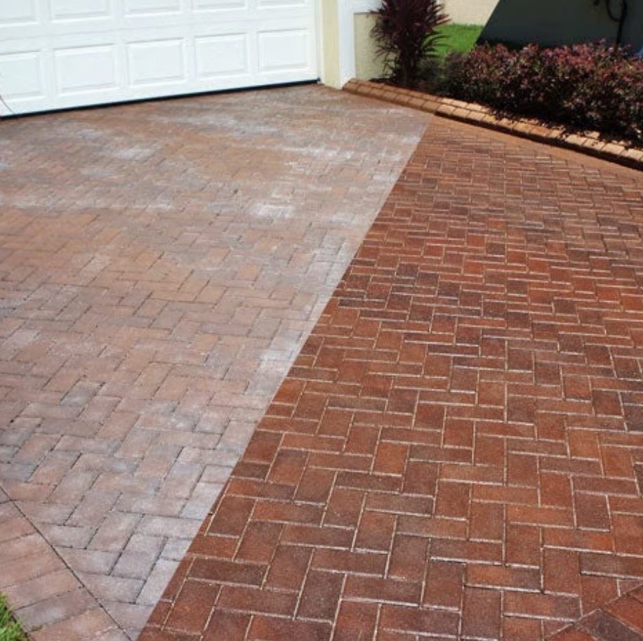 Paver sealing before and after on a driveway โ color enhanced and protected, South Metro MN