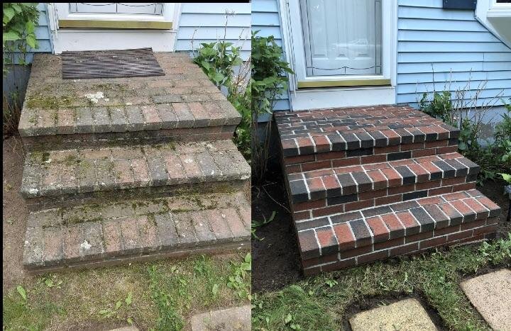 Before and after pressure washing of brick front steps in Farmington MN by Gray Duck Pro Wash
