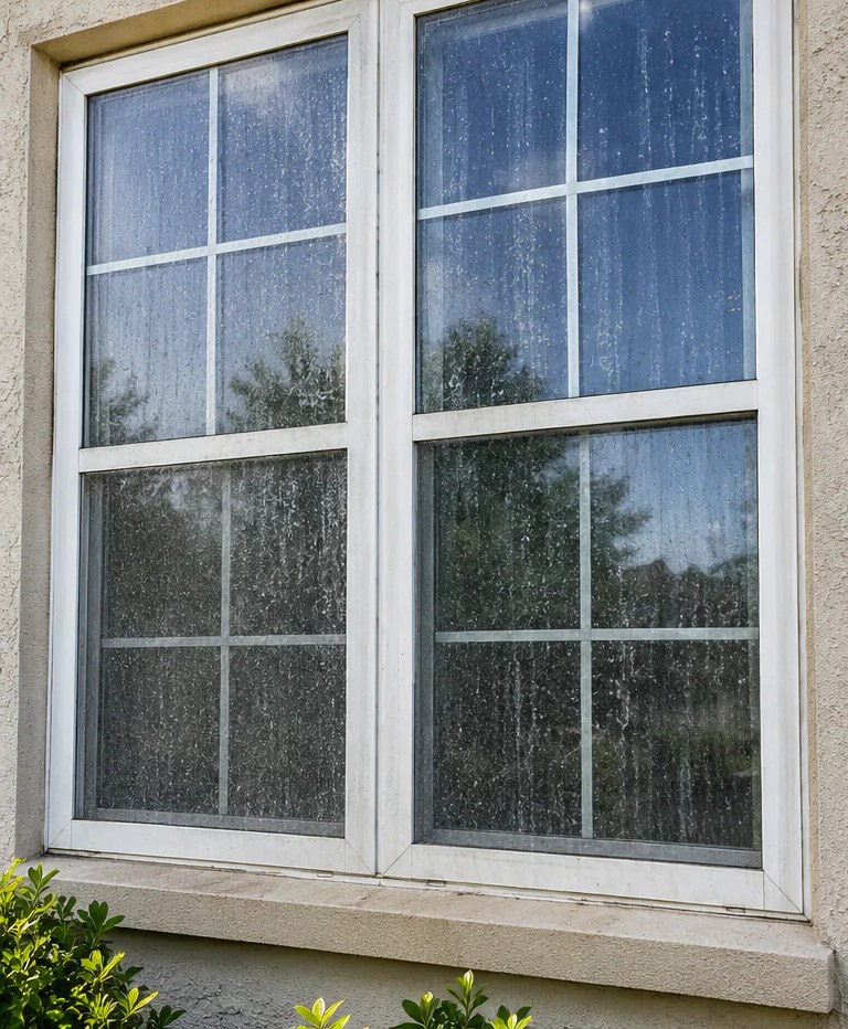 Dirty window with hard water spots and grime before professional window cleaning in the South Metro MN